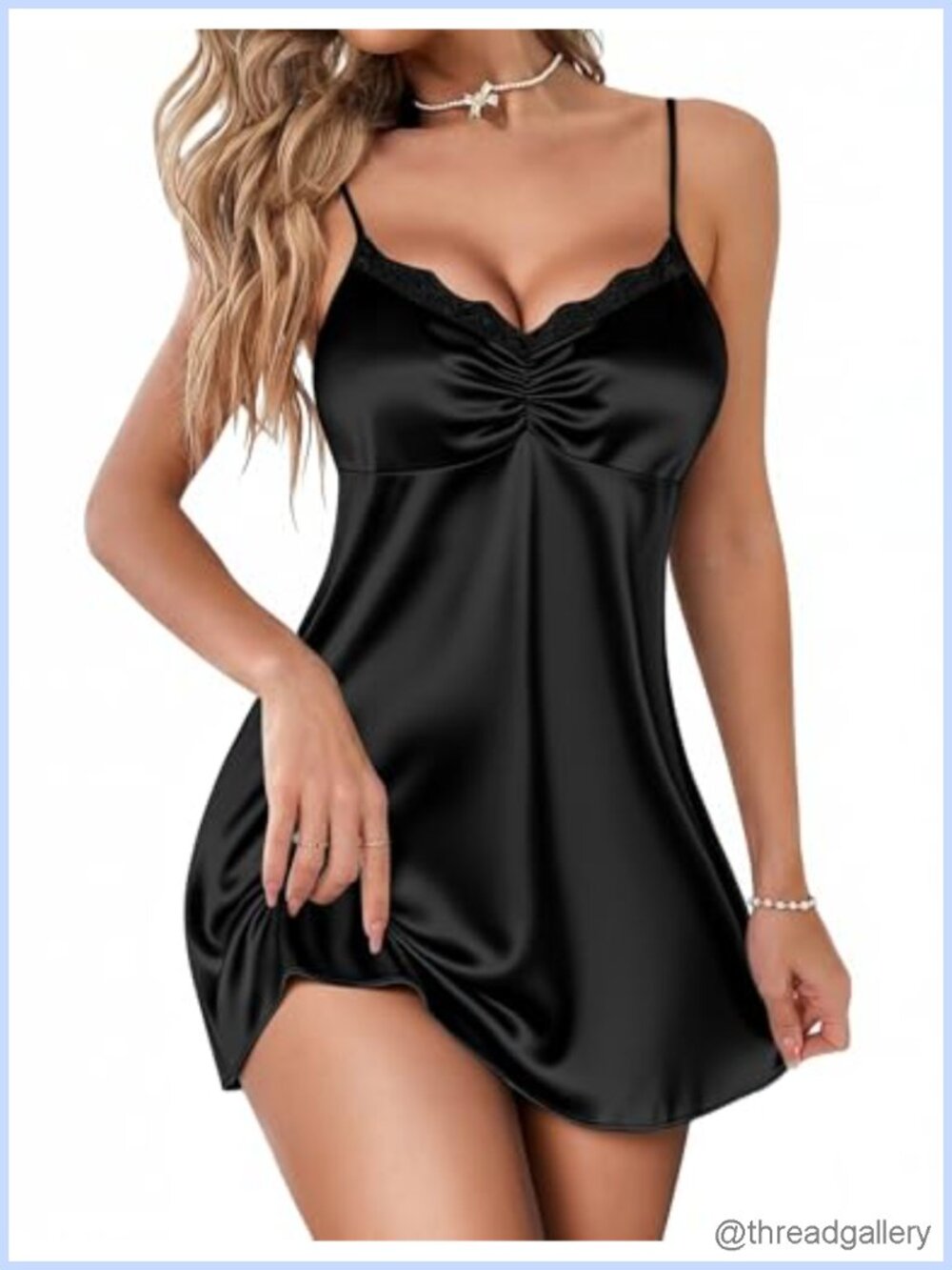 Satin Sleeveless Chemise Nightgown V-Neck Lace Babydoll Sleepwear